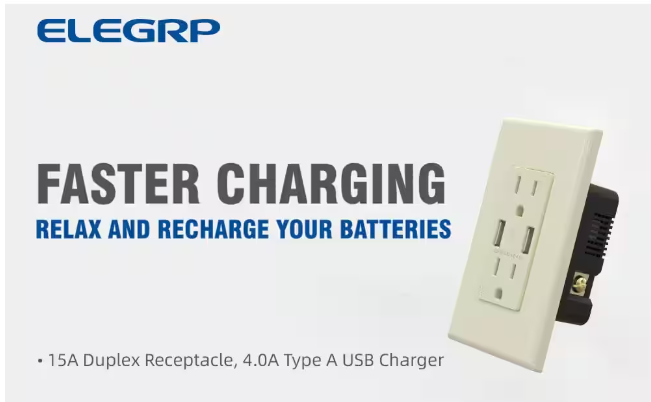 ELEGRP 4.0 Amp Dual USB Ports with Smart Chip, 15 Amp Duplex Tamper Resistant Outlet, Wall Plate Included, Almond (2-Pack)