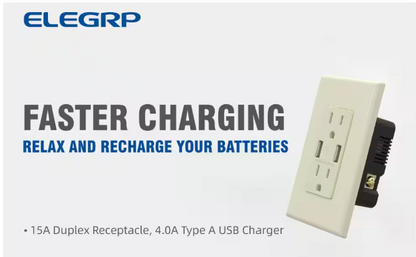 ELEGRP 4.0 Amp Dual USB Ports with Smart Chip, 15 Amp Duplex Tamper Resistant Outlet, Wall Plate Included, Almond (2-Pack)
