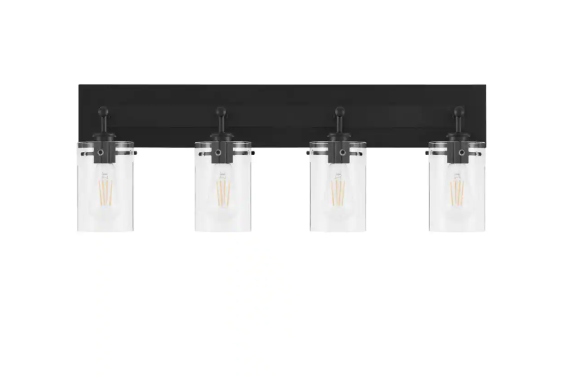 Hampton Bay Regan 29.25 in. 4-Light Matte Black Bathroom Vanity Light with Clear Glass Shades