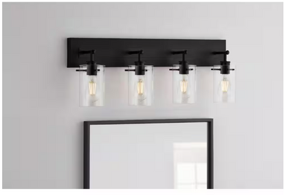 Hampton Bay Regan 29.25 in. 4-Light Matte Black Bathroom Vanity Light with Clear Glass Shades