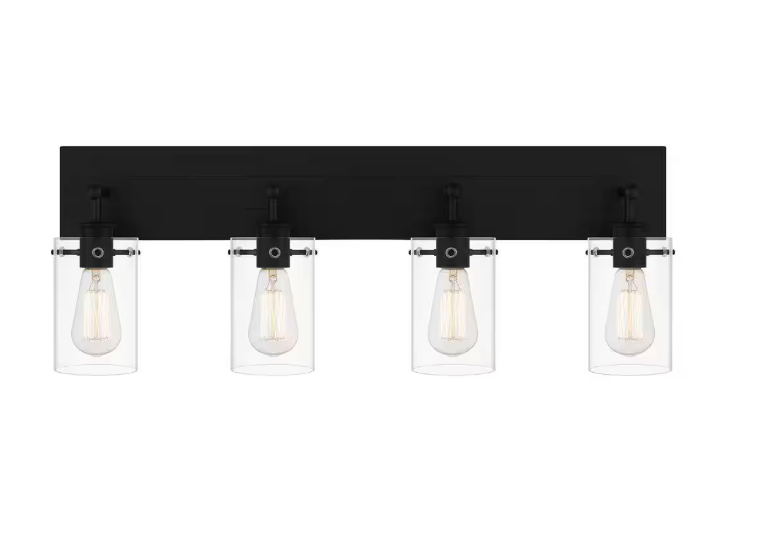 Hampton Bay Regan 29.25 in. 4-Light Matte Black Bathroom Vanity Light with Clear Glass Shades