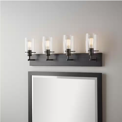 Hampton Bay Regan 29.25 in. 4-Light Matte Black Bathroom Vanity Light with Clear Glass Shades