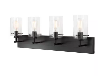 Hampton Bay Regan 29.25 in. 4-Light Matte Black Bathroom Vanity Light with Clear Glass Shades