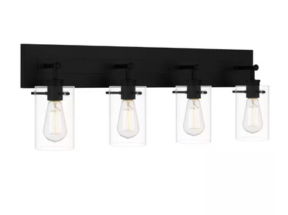 Hampton Bay Regan 29.25 in. 4-Light Matte Black Bathroom Vanity Light with Clear Glass Shades