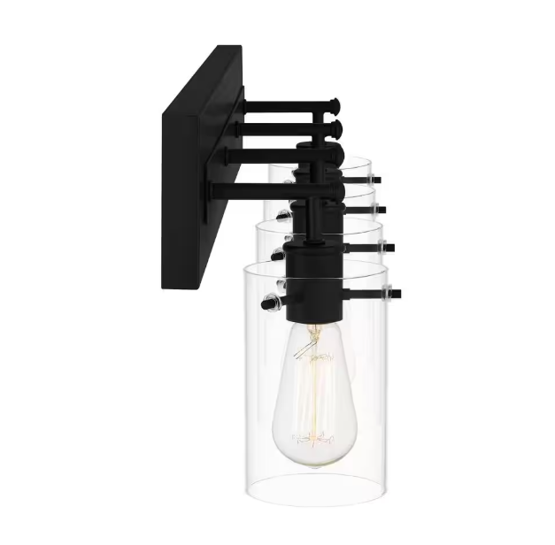 Hampton Bay Regan 29.25 in. 4-Light Matte Black Bathroom Vanity Light with Clear Glass Shades