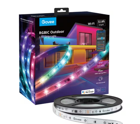 Govee RGBIC 36-Watt Equivalent 32.8 ft. Integrated LED Smart Color Changing Outdoor Black Wi-Fi Enabled Strip Light (1-Strip)