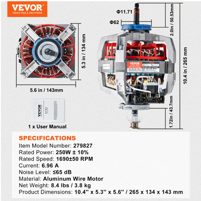 VEVOR Dryer Motor for Kenmore Whirlpool 279827 AP3094245 26000299992 336351 3388209 4319349 660199 8066206 W10194250