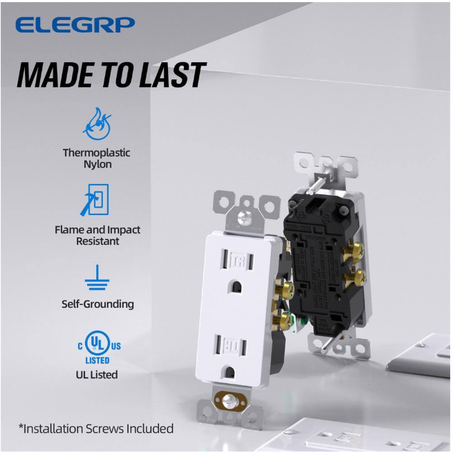 ELEGRP Decorative 15-Amp 125-Volt Residential Grade Self Grounding Tamper Resistant Duplex Outlet, White (10-Pack)