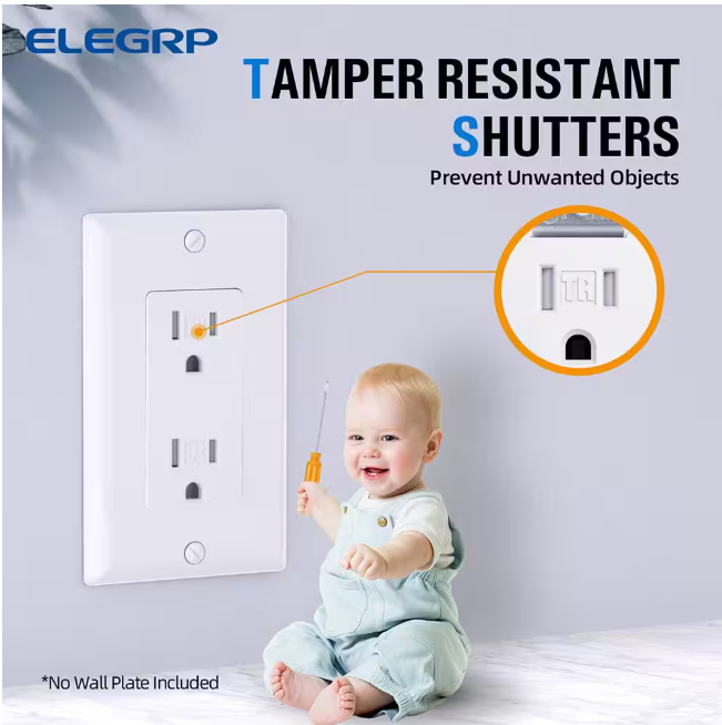 ELEGRP Decorative 15-Amp 125-Volt Residential Grade Self Grounding Tamper Resistant Duplex Outlet, White (10-Pack)