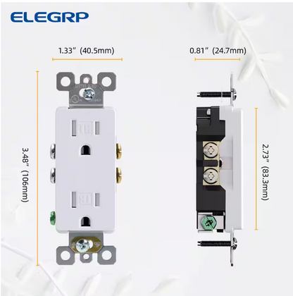 ELEGRP Decorative 15-Amp 125-Volt Residential Grade Self Grounding Tamper Resistant Duplex Outlet, White (10-Pack)