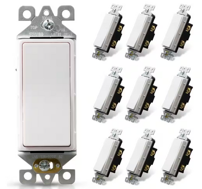 ELEGRP Decor 15 Amp 120-Volt Single Pole Rocker AC Quiet Light Switch, White (10-Pack)
