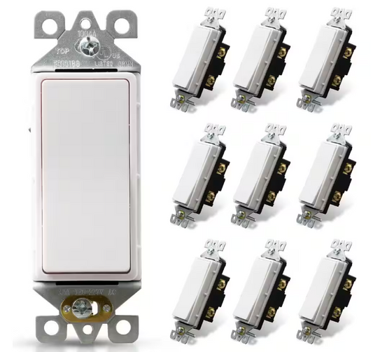 ELEGRP Decor 15 Amp 120-Volt Single Pole Rocker AC Quiet Light Switch, White (10-Pack)