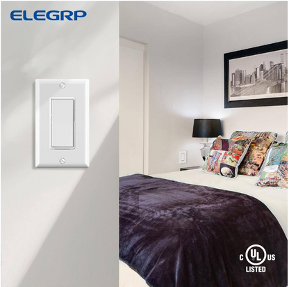 ELEGRP Decor 15 Amp 120-Volt Single Pole Rocker AC Quiet Light Switch, White (10-Pack)