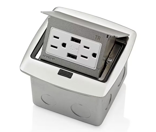 Leviton Pop-Up Floor Box with Dual Type A, 3.6 Amp USB Charger, 15 Amp Outlet, Brushed Nickel