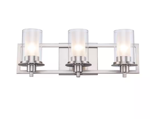Bel Air Lighting 22 in. 3-Light Brushed Nickel Bathroom Vanity Light Fixture with Frosted Inner Glass and Clear Outer Glass