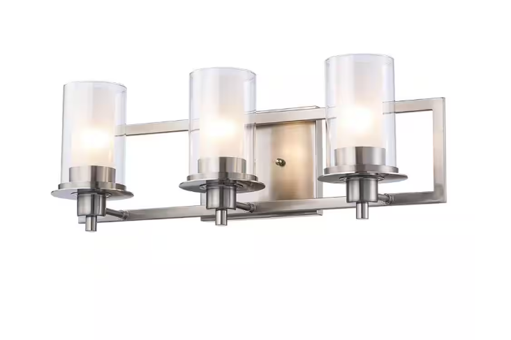 Bel Air Lighting 22 in. 3-Light Brushed Nickel Bathroom Vanity Light Fixture with Frosted Inner Glass and Clear Outer Glass
