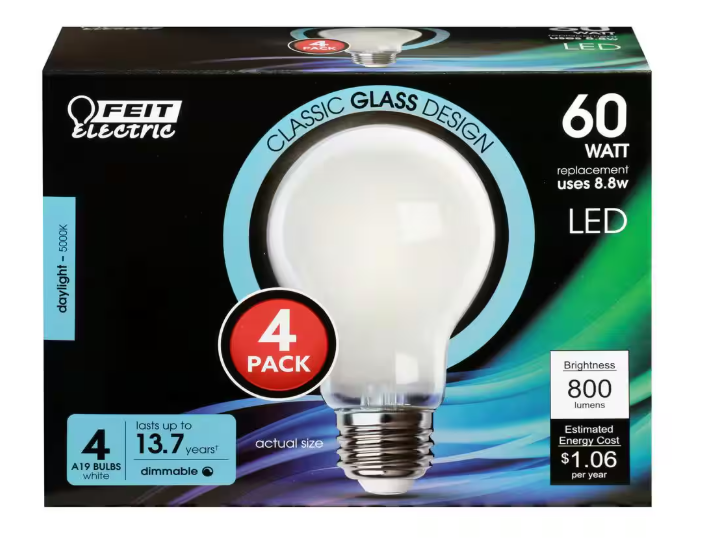 Feit Electric 60-Watt Equivalent A19 Dimmable Filament CEC 90 CRI White Glass E26 Medium Base LED Light Bulb, Daylight 5000K (24-Pack)