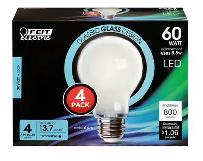 Feit Electric 60-Watt Equivalent A19 Dimmable Filament CEC 90 CRI White Glass E26 Medium Base LED Light Bulb, Daylight 5000K (24-Pack)