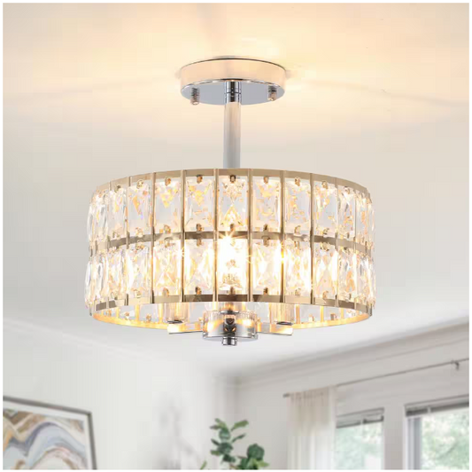 Koyal 3-Light Round Gold/Chrome 12.59 in. Chandelier Semi Flush Mount Ceiling Light with Clear Crystal Glass Drum Shade