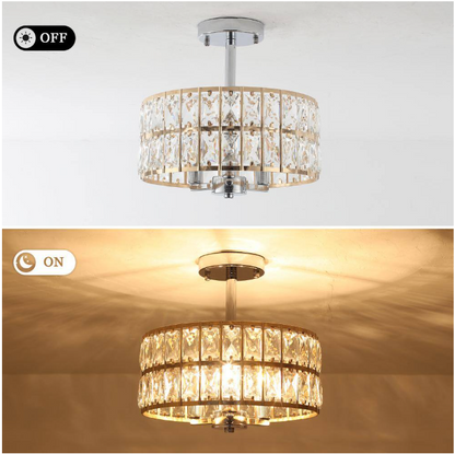 Koyal 3-Light Round Gold/Chrome 12.59 in. Chandelier Semi Flush Mount Ceiling Light with Clear Crystal Glass Drum Shade