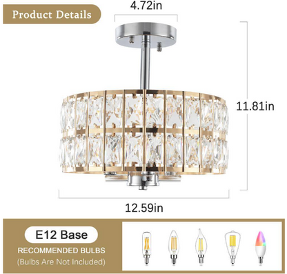 Koyal 3-Light Round Gold/Chrome 12.59 in. Chandelier Semi Flush Mount Ceiling Light with Clear Crystal Glass Drum Shade
