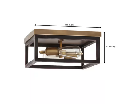 Hampton Bay Boswell Quarter 12-1/2 in. 2-Light Gold and Black Distressed Wood Accents Coastal Flush Mount Ceiling Light for Bedrooms