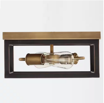 Hampton Bay Boswell Quarter 12-1/2 in. 2-Light Gold and Black Distressed Wood Accents Coastal Flush Mount Ceiling Light for Bedrooms