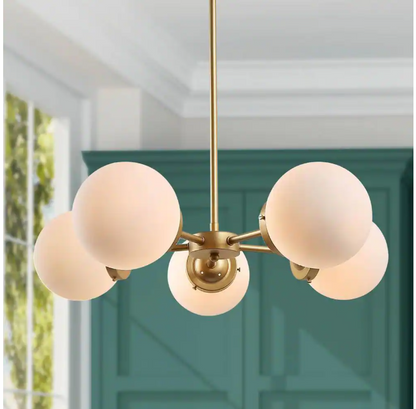 Uolfin Modern Globe Dining Room Chandelier 5-Light Gold Sputnik Chandelier with Frosted Glass Shades