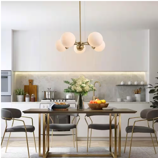 Uolfin Modern Globe Dining Room Chandelier 5-Light Gold Sputnik Chandelier with Frosted Glass Shades