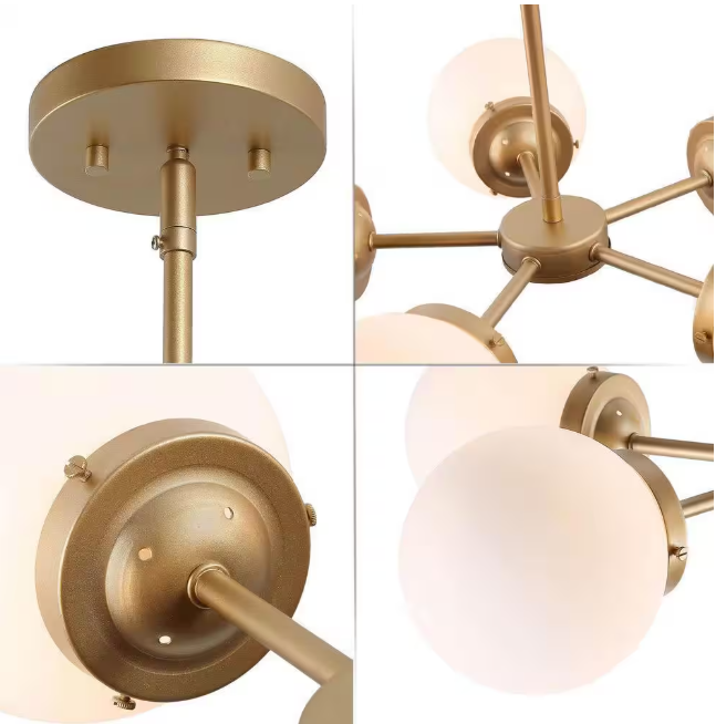 Uolfin Modern Globe Dining Room Chandelier 5-Light Gold Sputnik Chandelier with Frosted Glass Shades