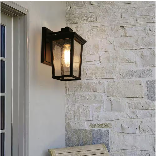 LNC Transitional 1-Light 11 in. Black Wall Lantern Sconce with Seeded Glass Shade Modern Outdoor Wall Light LED Compatible