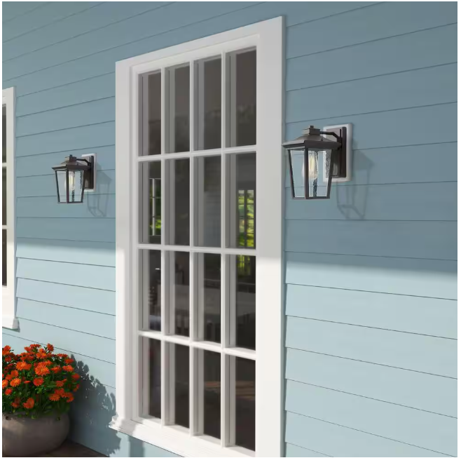 LNC Transitional 1-Light 11 in. Black Wall Lantern Sconce with Seeded Glass Shade Modern Outdoor Wall Light LED Compatible