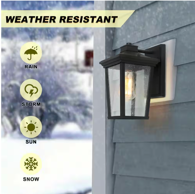 LNC Transitional 1-Light 11 in. Black Wall Lantern Sconce with Seeded Glass Shade Modern Outdoor Wall Light LED Compatible