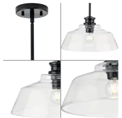 Progress Lighting Singleton 1-Light 14 in. Matte Black Medium Pendant Light with Clear Glass Shade