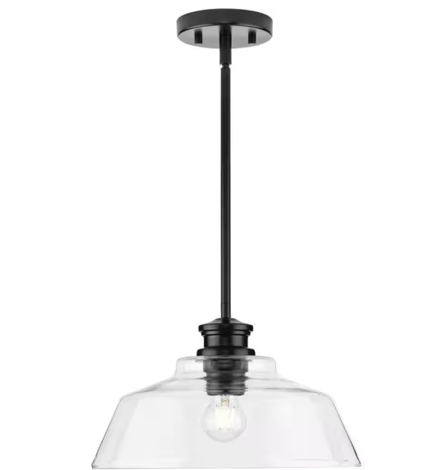 Progress Lighting Singleton 1-Light 14 in. Matte Black Medium Pendant Light with Clear Glass Shade