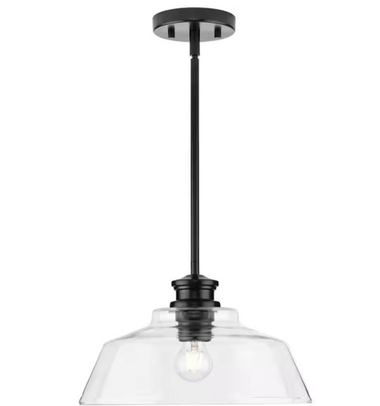 Progress Lighting Singleton 1-Light 14 in. Matte Black Medium Pendant Light with Clear Glass Shade