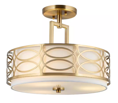 Kira Home Sienna 14.5 in. 60-Watt 3-Light Cool Brass Modern Semi-Flush with White Shade, No Bulb Included