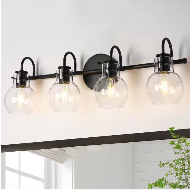 LNC Modern Industrial 28.5 in. 4-Light Black Bath Vanity Light with Clear Globe Glass Shades Powder Room Wall Sconce