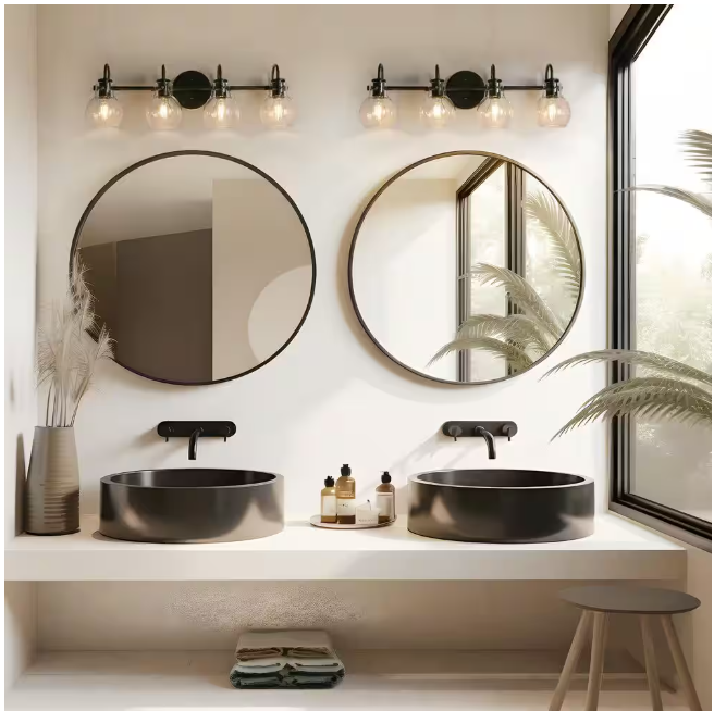 LNC Modern Industrial 28.5 in. 4-Light Black Bath Vanity Light with Clear Globe Glass Shades Powder Room Wall Sconce