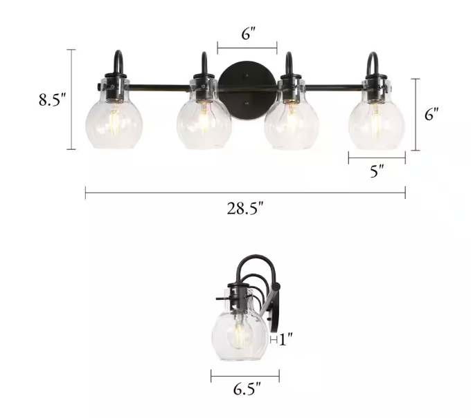 LNC Modern Industrial 28.5 in. 4-Light Black Bath Vanity Light with Clear Globe Glass Shades Powder Room Wall Sconce