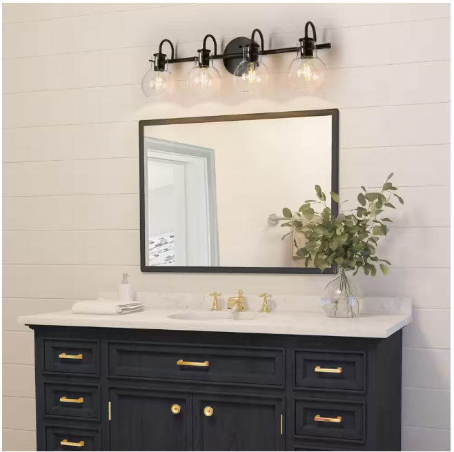 LNC Modern Industrial 28.5 in. 4-Light Black Bath Vanity Light with Clear Globe Glass Shades Powder Room Wall Sconce