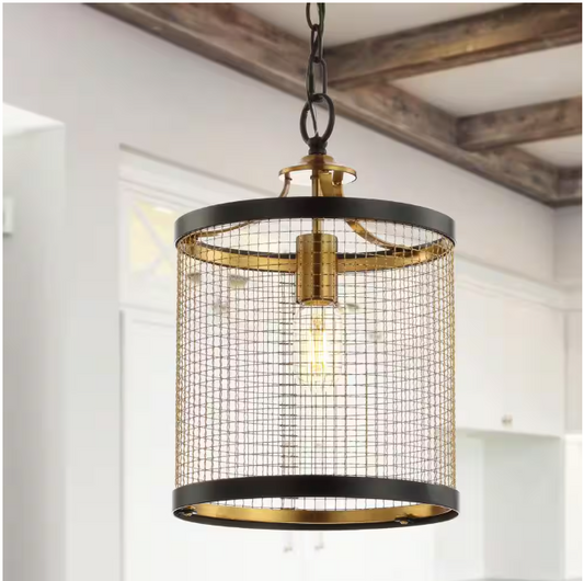 JONATHAN Y Elena 10 in. 1-Light Black/Brass Gold Lantern Metal LED Pendant