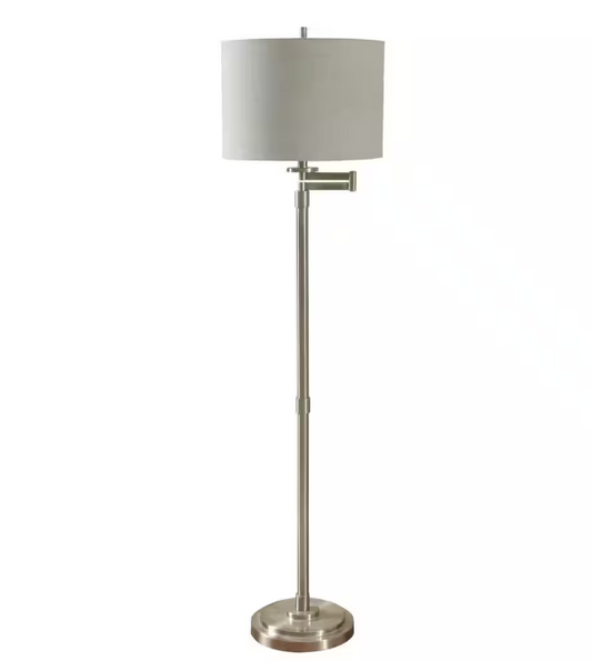 StyleCraft 62 in. Brushed Steel Floor Lamp with White Hardback Fabric Shade