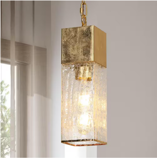 Uolfin Mid-Century Modern Kitchen Island Tube Pendant Light 1-Light Antique Gold Pendant Light with Cracked-Like Glass Shade