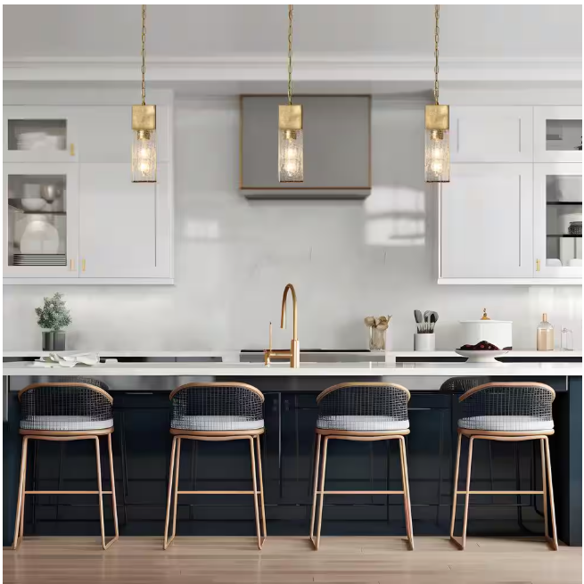 Uolfin Mid-Century Modern Kitchen Island Tube Pendant Light 1-Light Antique Gold Pendant Light with Cracked-Like Glass Shade