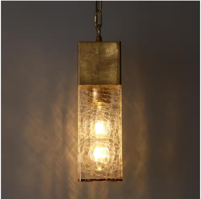 Uolfin Mid-Century Modern Kitchen Island Tube Pendant Light 1-Light Antique Gold Pendant Light with Cracked-Like Glass Shade