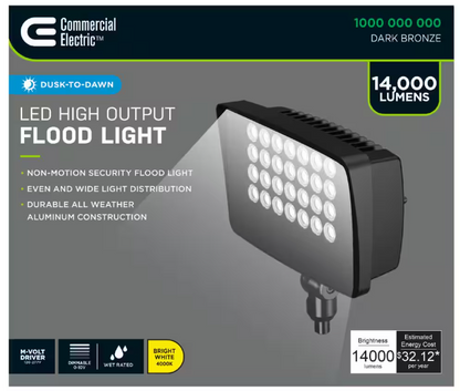 Commercial Electric 950W Equivalent Integrated LED Bronze Outdoor High Output Flood Light, 12,000 Lumens, 4000K, Dusk-to-Dawn