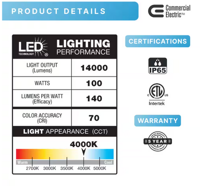 Commercial Electric 950W Equivalent Integrated LED Bronze Outdoor High Output Flood Light, 12,000 Lumens, 4000K, Dusk-to-Dawn