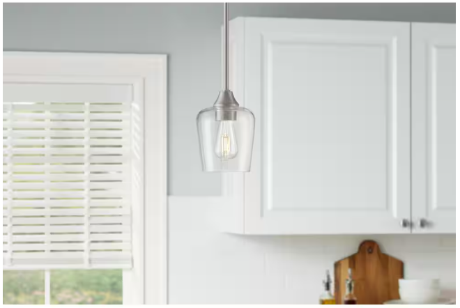 Hampton Bay Pavlen 1-Light Brushed Nickel Contemporary Hanging Mini Pendant with Clear Glass Shade