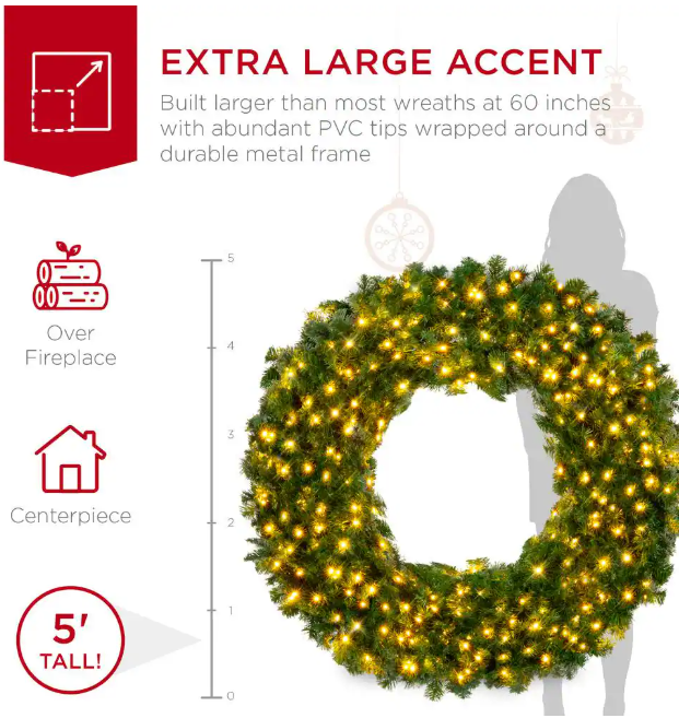 Best Choice Products 60 in. Pre-Lit LED Spruce Artificial Christmas Wreath with 300-Lights